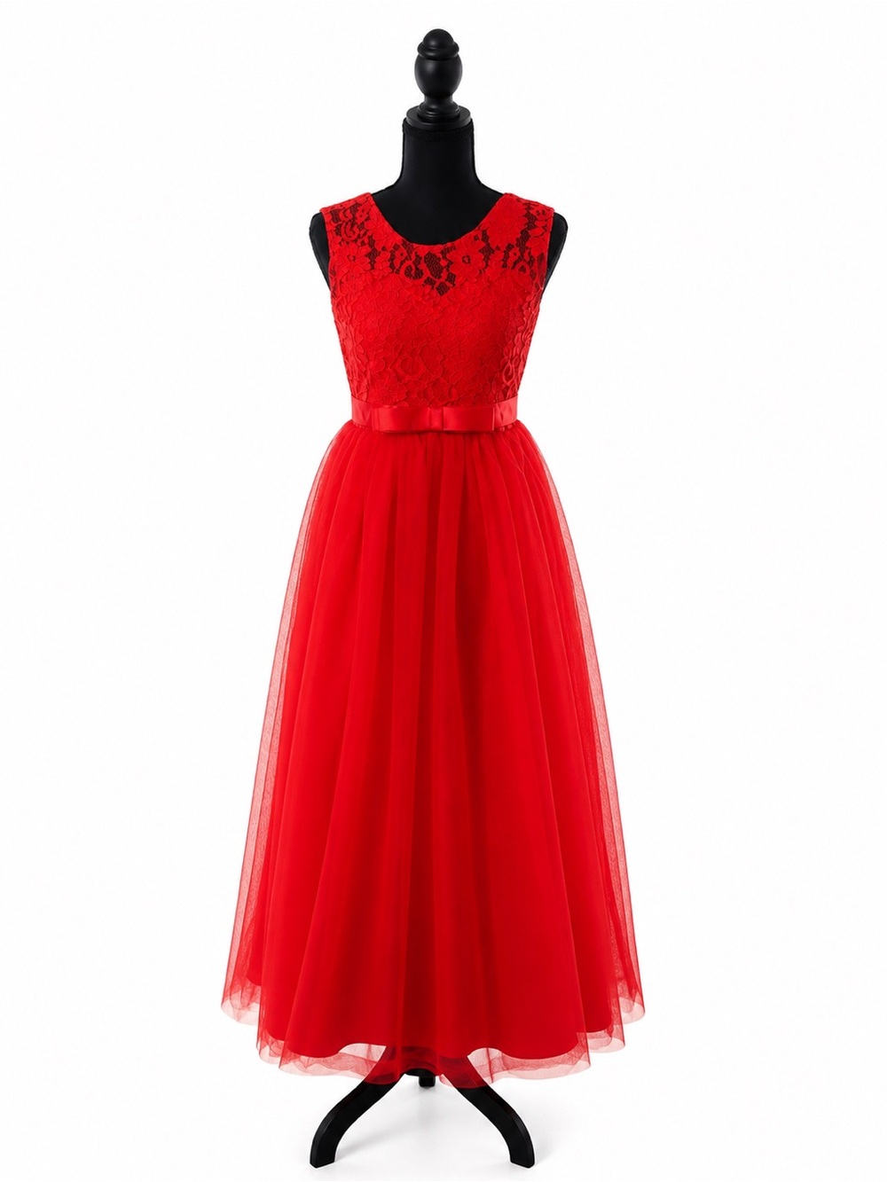 Girls Red Lace Bodice Tulle Maxi Dress